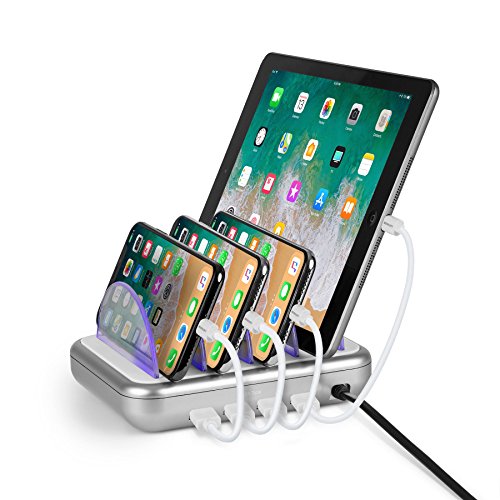 Merkury Innovations 4.8 Amp 4-Port USB Charging Station Fast Charge Docking Station for Multiple Devices - Multi Device Charger Organizer - Compatible with Apple iPad iPhone and Android (White/Silver)