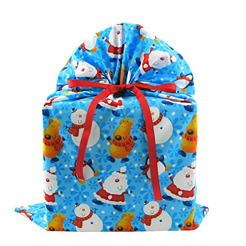 North Pole Buddies Reusable Christmas Gift Bag -- Santa, Snowman, Reindeer on Blue Fabric (Large 20 Inches Wide by 27 Inches High)