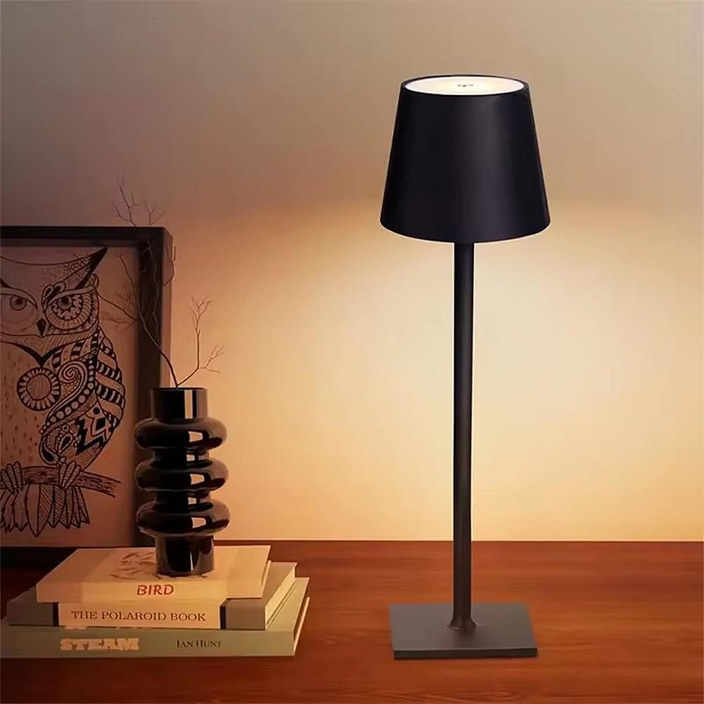 TRIXES Rechargeable Table Lamp – Black - Bistro Style – Cordless Indoor/Outdoor Portable Ambient Light – 3 Mode Dimmable Desk Lamp – Touch Control – Up to 8hrs Battery