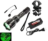 BestFire Waterproof HS-802 350 Lumens Cree led Flashlight 250 Yard Long Range Hunting Light Cree LED Light Coyote Hog Hunting Light Lamp Torch with Remote Pressure Switch Barrel Mount 18650 Rechargeable battery and Charger Perfect for Hunting Fishing (Green Light)