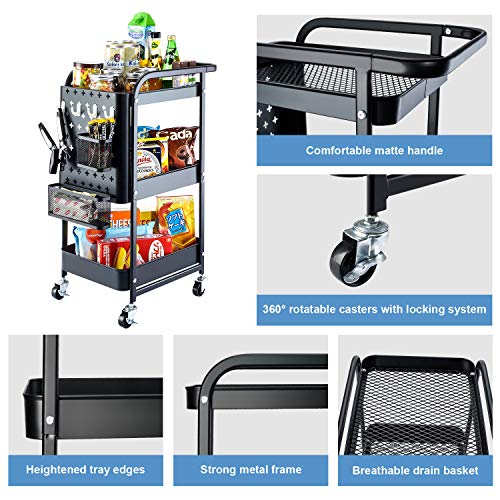 Titan Mall Metal Storage Rolling Cart, 3-Tier Organizer Cart with Removable Pegboard Hooks and Utility Handle for Kitchen Office Classroom, Black