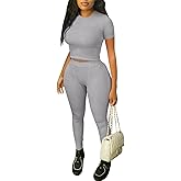 ZFLM Casual Workout Two Piece Outfits for Women Fitted Crew Neck T-shirt High Waist Pants Matching Sets Streetwear
