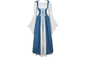 Lehauya Womens Renaissance Costume Medieval Irish Over Dress and Trumpet Sleeves Chemise Boho Set