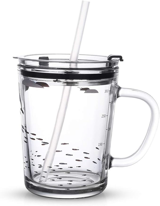 Glass Tumbler with Handle and Clear Lid of Scale and Straw