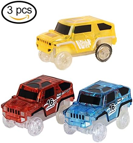 Track Racing Car Toy 3 pcs Truck with LED Lights Glow in the Dark Compatible with Most of Tracks for Boys and Girls Blue Red and Yellow By ZCGC