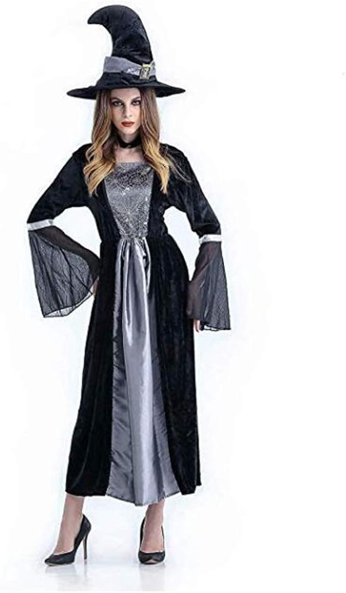 Bhwin Halloween Witch Costume Cosplay Robe Lady Dress with Hat (Grey