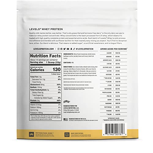 Levels Grass Fed 100 Whey Protein, No Hormones, Vanilla Bean, 1LB