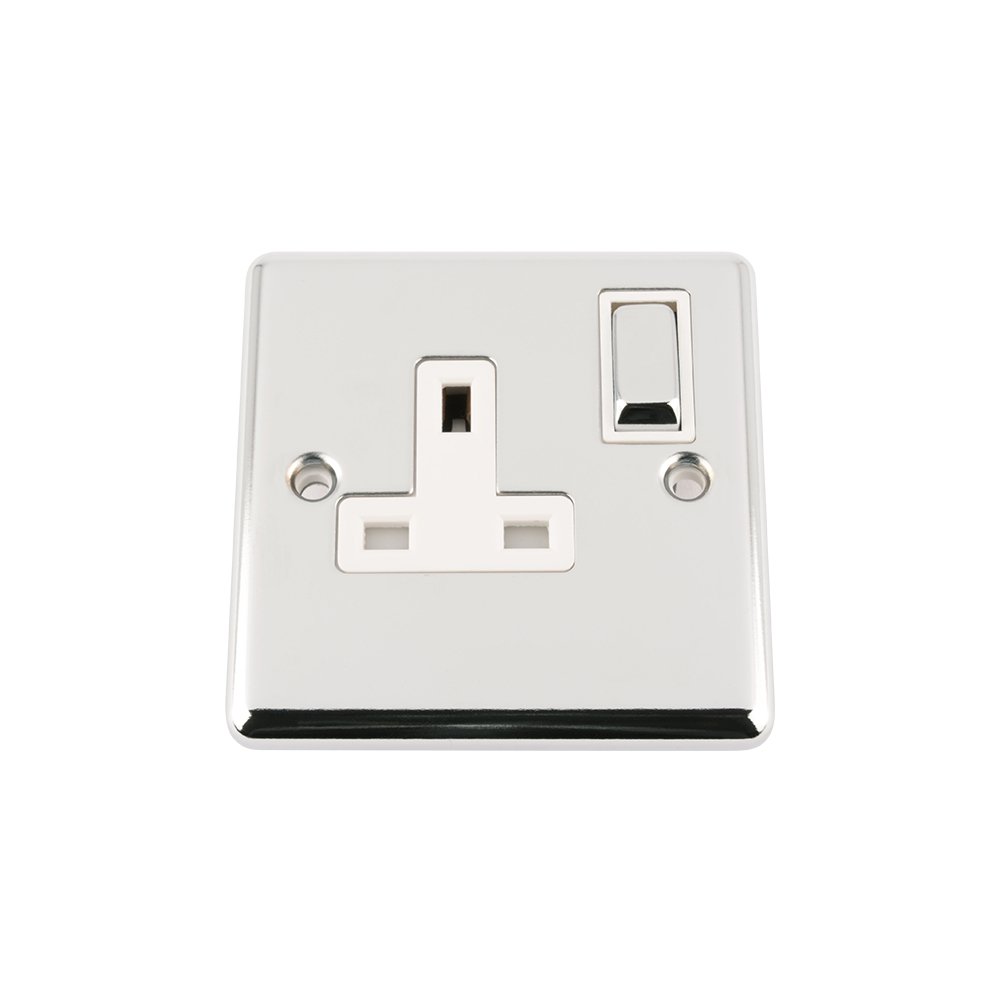 A5 Single Socket 1 Gang Polished Chrome - Classic - White Insert Metal Rocker Switch - 13 Amp