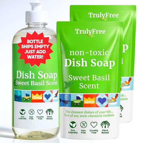 Truly Free Natural Concentrated Dish Detergent Dishwashing Liquid | Non Toxic Organic Plant-Based Dish Soap | Sweet Basil Fresh Scent | 2 Refill Packs with 1 Empty Refillable Squeeze Bottle (16 Oz)