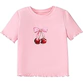 Ecolala Girls Shirts Bow Cheery Graphic Tees Lettuce Trim Crewneck Short Sleeve Cute Summer Tops