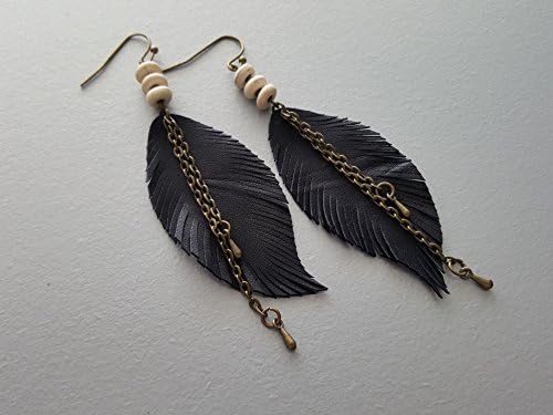 Gemstone and leather tribal earrings. Leather feather earrings. Long black earrings. Boho earrings. Bohemian earrings.