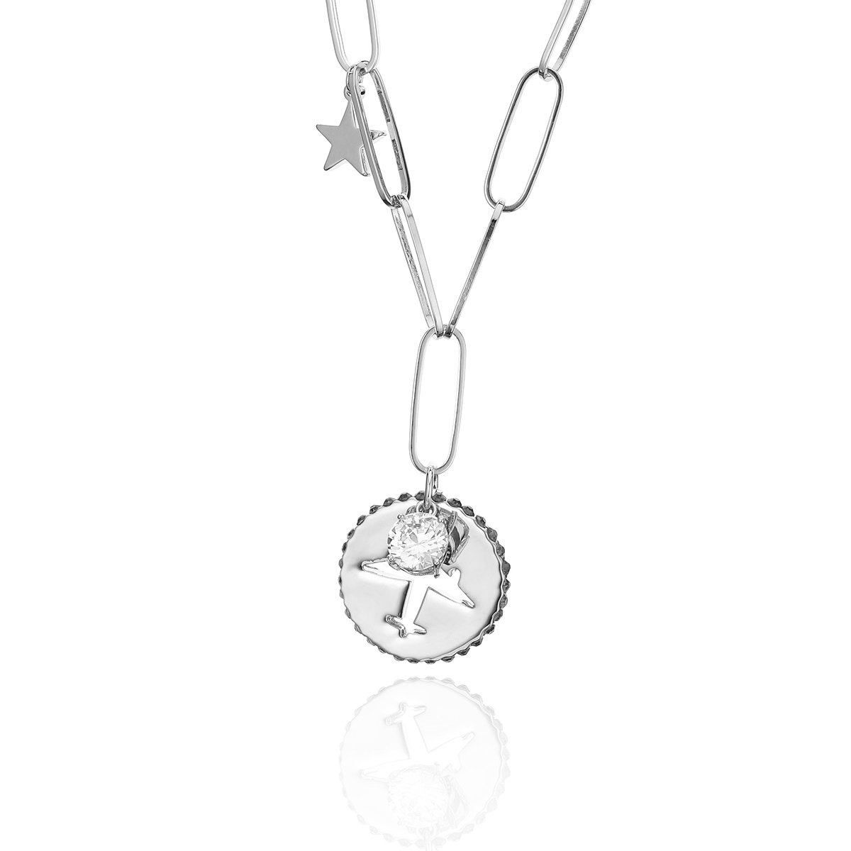 PengJin-Circular Airplane Hollow Pendant Silver Necklace, Sweater Y-Shaped pin Chain with Zircon