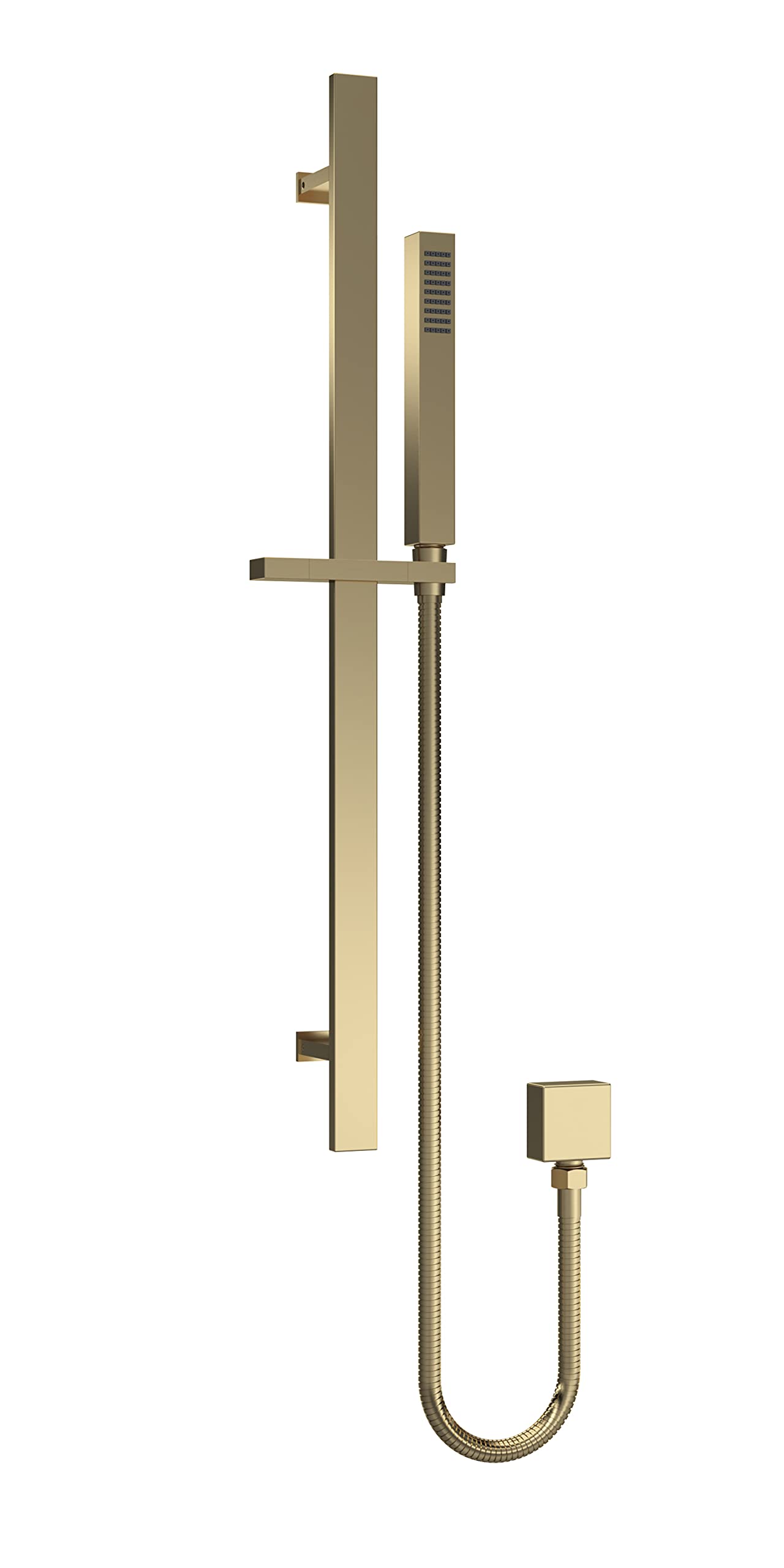 nuie A8167 Shower Modern Bathroom Square Slide Rail Kit with Outlet Elbow, Flex Hose and Single Function Handset, 685mm, Brushed Brass