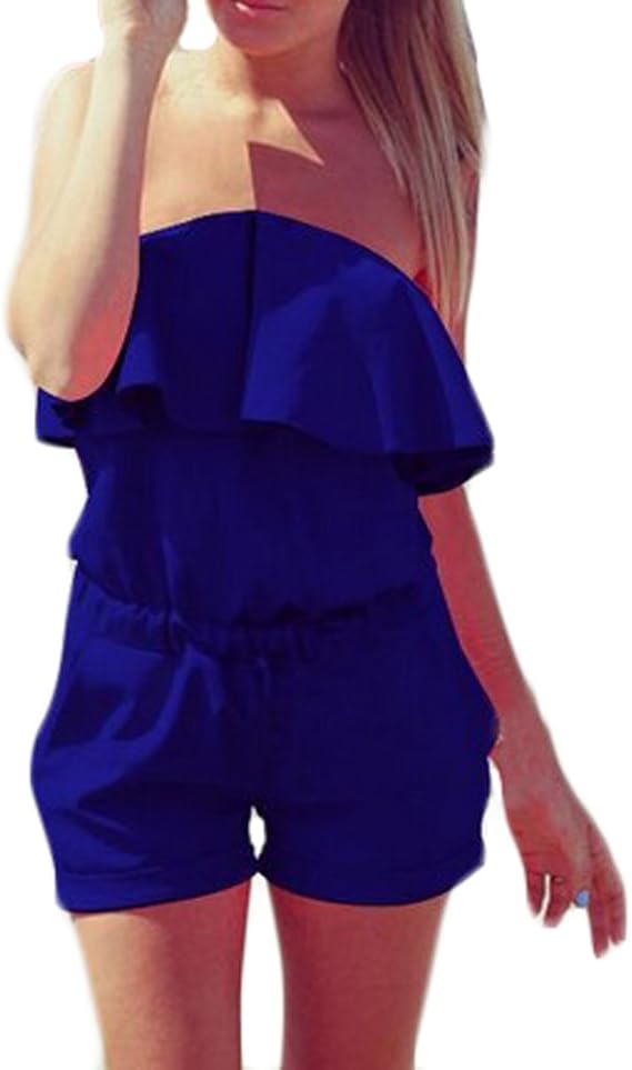 Damen Jumpsuits Elegant Sommer Kurz Carmen Rückenfrei Schulterfrei Ohne