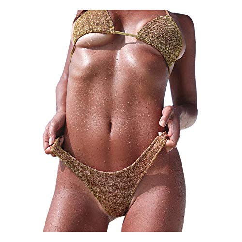 iYBUIA Women's Sequin Bikini Set Solid Two Piece Swimsuit TFilled Bra Beachwear Khaki