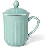 Tingyework Porcelain Lotus Tea Cup with Lid and Handle, 12 oz Unique Coffee Mug, Microwave Dishwasher Safe, Gifts for Women and Men, Aesthetic Chinese Celadon 1 Pack (Sky Blue)