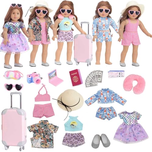 Sweet Dolly 18 Inch Doll Clothes Accessories Travel Play Set, Large Size Suitcase, Fashion Doll Dresses Doll Accessories for 18 Inch Dolls