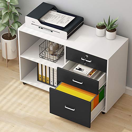 Tribesigns 3 Drawer Wood File Cabinets with Lock, Large Modern Lateral Mobile Filing Cabinets Printer Stand with Wheels, Open Storage Shelves for Home (White with Lock) - Thumbnail 2