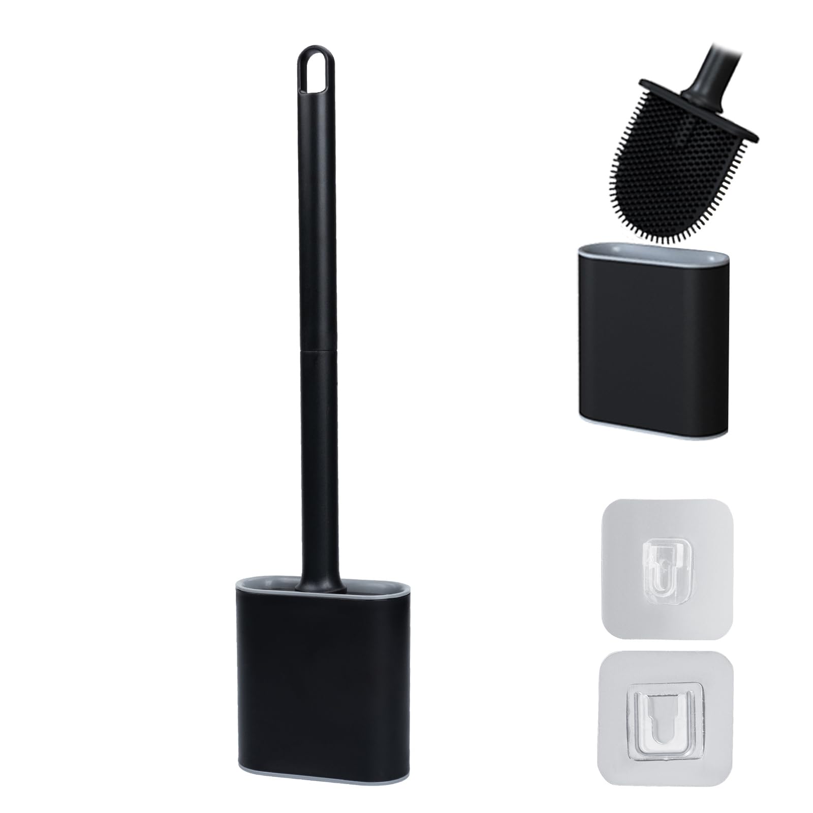 Silicone Flex Toilet Brush and Holder Set, Wall Mounted, Deep Cleaning (Black)
