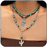 Western Turquoise Necklaces for Women Layered Cowgirl Western Necklaces Vintage Rodeo Country Concert Cow Tag Cactus Pendant Necklace Turquoise Jewelry Outfits Accessories