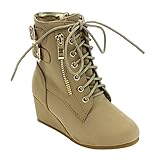 LINK GD37 Girl's Lace-Up Side Zipper Low Wedges Heel Ankle Booties