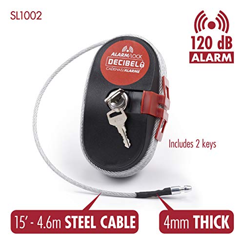 Ideal Security Inc. SL1002 Decibel Multi-Use Lock Alarm 4.6m (15ft) Cable Alarm-15 ft Steel Cable-120 Weather-Portable Security, 15-FEET, Black
