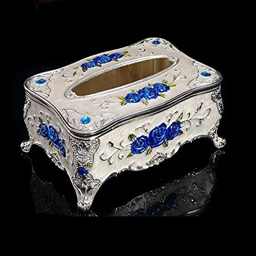 DB&PEISHI Metal Vintage Style luxury Zinc Alloy Square Tissue Box , small silver edge blue roses