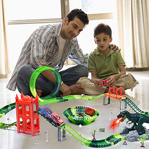 Dinosaur Toys Race Track Set 239 PCS , Flexible Train Tracks with With 1 elevator, 1 spray dinosaur,1 Ferris wheel (360 Degree Rotation),1 Bridge,2 Electric Cars ,Best Gift for kids Boys and Girls