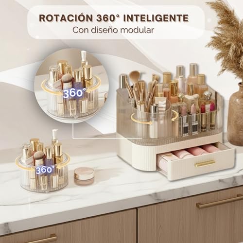 BEMANZ Makeup Organizer with Stackable Drawers and Rotating Module, Transparent with Cream Drawer for Cosmetics, Brushes and Perfumes for Vanity and Desk Makeup Organizer