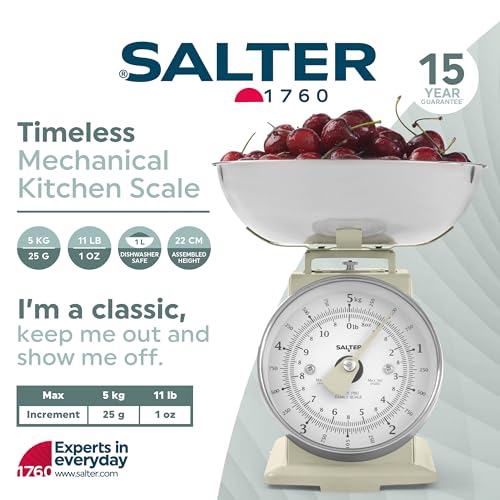 Salter SA00562BFEU12 Timeless Mechanical Kitchen Scale - 5kg Capacity, 1 Litre Dishwasher Safe Bowl, Classic Design, Easy to Read Large Digit Dial, 22cm, Cream