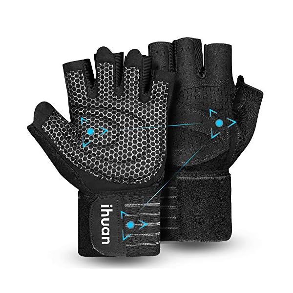 ihuan Ventilated Weight Lifting Gym Workout Gloves with Wrist Wrap Support for Men & Women, Full Palm Protection, for Weightlifting, Training, Fitness, Hanging, Pull ups