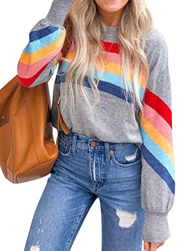 Nlife Women Rainbow Striped Spliced Pullover Tops Colorful Casual Sweatshirts