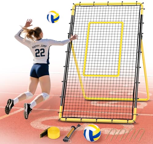 Happy Jump 7x4 FT Portable Volleyball Rebounder Net, 5 Adjustable Angles Bounce Back Trainer, Heavy-Duty Steel Frame & 45-Ply Net, Target Practice Training Equipment, Includes Volleyball for Drills
