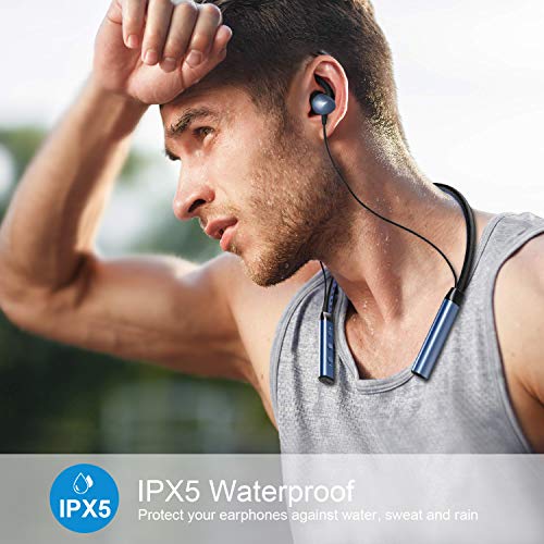 Jomifit Bluetooth 5.0 Neckband Headphones, Wireless Neckband Headset Stereo Noise Cancelling, IPX5 Waterproof Sports Earphones, Gym, Workout, Travel, Business, Magnetic Earbuds – Blue