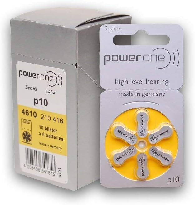 ORIGINAL Powerone Battery 10, (60ea/pkg) p10 Zinc Air Hearing Aid Batteries (Yellow) Size 10, 2 Pack (60 Batteries)