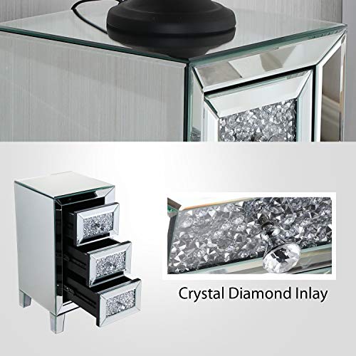 JAXPETY 3Drawer Mirrored Nightstand, Bedside Table with Crystal