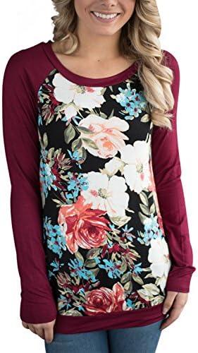 Ebbizt Womens Plus Size Amazon Long Raglan Sleeve Floral Printed Round Neck Blouse Top T shirts Burgundy XX-Large