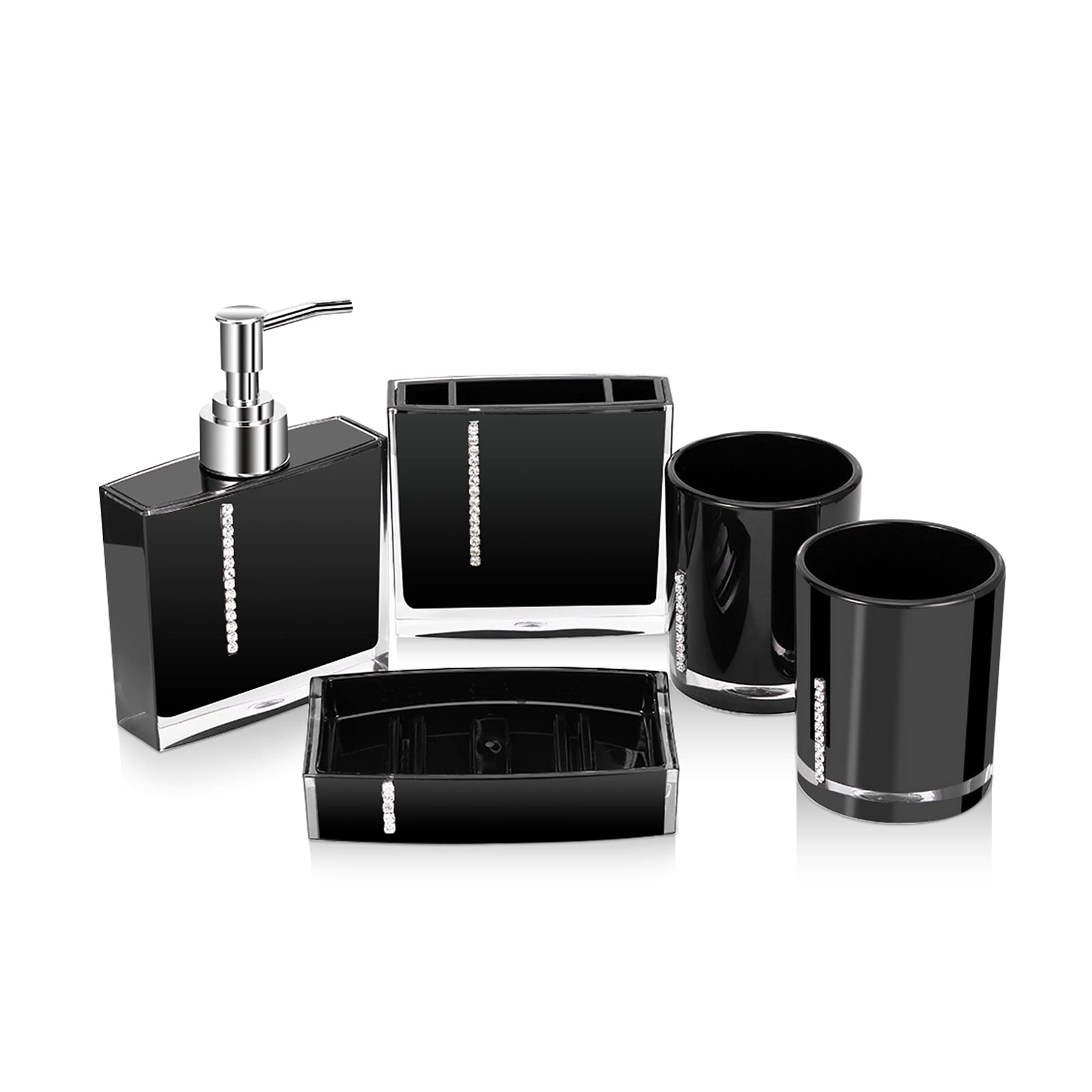 AYNEFY Modern Bathroom Accessories Set, 5-Piece Black Collection with Soap Dispenser, Toothbrush Holder, Soap Dish, 2 Cups
