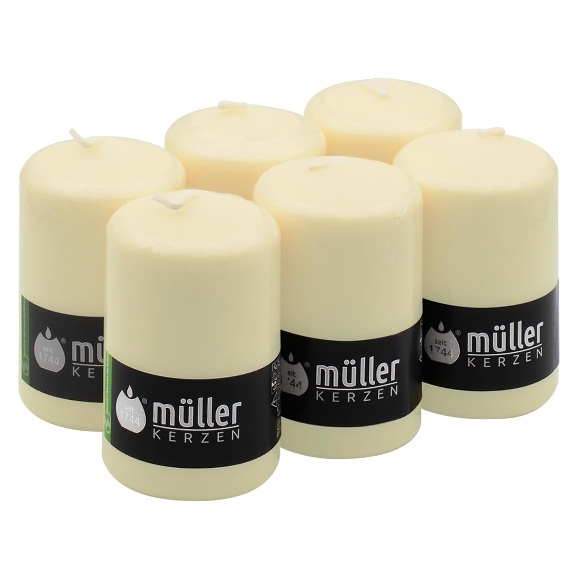 Müller Unscented Pillar Candles - Set of 6 Ivory Candles in Bulk - 6,8 x 11 Cm - 35 Hours Long Lasting Decor Candles - Non Drip Wax - Smokeless Wick - RAL Quality - Made in Germany