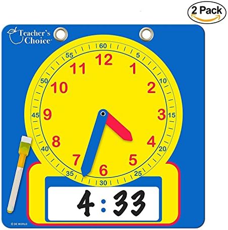 Educational Teaching Clock | Large Demonstration Learning Time Clock with Erasable Writing Surface to Teach Time, Two Pack