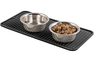 mDesign Premium Quality Square Pet Food and Water Bowl Feeding Mat for Dogs and Cats, Waterproof Non-Slip Durable Silicone Placemat - Food Safe - Small, Linelle Collection - Black