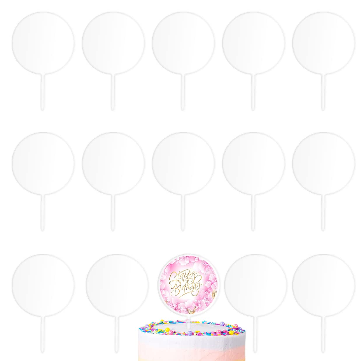 Blank Acrylic Cake Toppers, 15pccs Clear Circle DIY Birthday Cake Topper 10cm Personalized Cupcake Toppers Blanks Cake Picks for Wedding Birthday Party Cake Decoration Supplies