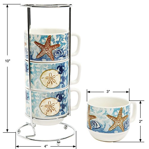 CEDAR HOME Coffee Ceramic Mug Saucers Set Porcelain Stacked Tea Cup With Holder and Plate 6oz., Set of 4, Blue