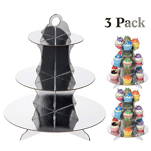 UltraOutlet Set of Three 3 Tiers Silver Cardboard Cupcake Stands, Disposable Paper Cupcake Holder Towers for Weddings, Birthday Parties, Baby Showers and Graduations