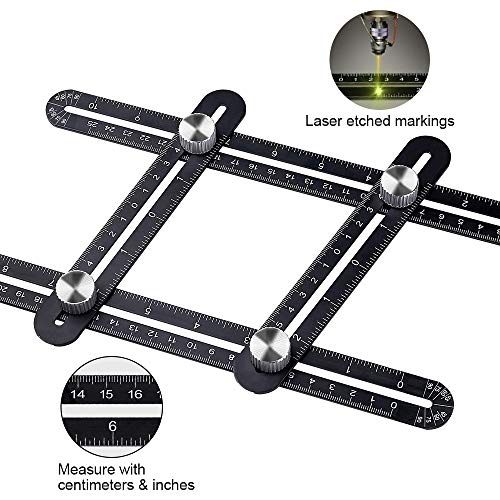 KEGOUU Multi Angle Measuring Ruler, Premium Aluminum Ultimate Template Tool/Layout Tool/Angle Finder Woodworking Tool/Flooring Angle Ruler for Handymen, Builders, Craftsmen, DIY-ers (4 sides, Black)