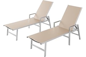 VEXWALX Patio Chaise Lounge Chair Outdoor with Wheels&Armrests, Aluminum Pool Lounge Chairs Set of 2 Five-Position Adjustable Recliner, Outdoor Beach Lounge Chairs for Poolside, Patio, Deck, Yard, Khaki