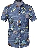 SSLR Men's Printed Button Down Casual Short Sleeve Denim Shirt (Large, Blue)