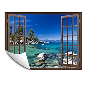 Wall Murals for Bedroom Fake Window Beach Brown Window Removable Wallpaper Peel and Stick Wall Stickers - 24x32 inches