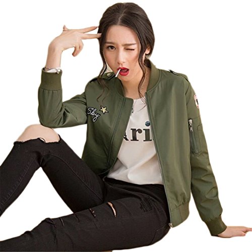 Womens Embroidery Long Sleeve Zipper Short Coat Army Green Bomber Jacket