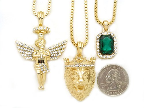 Micro Colorful Gemstone, Angle, Lion Pendant 24",30" Box Chain 3 Necklace Set Gold Tone RC1413G (Green)